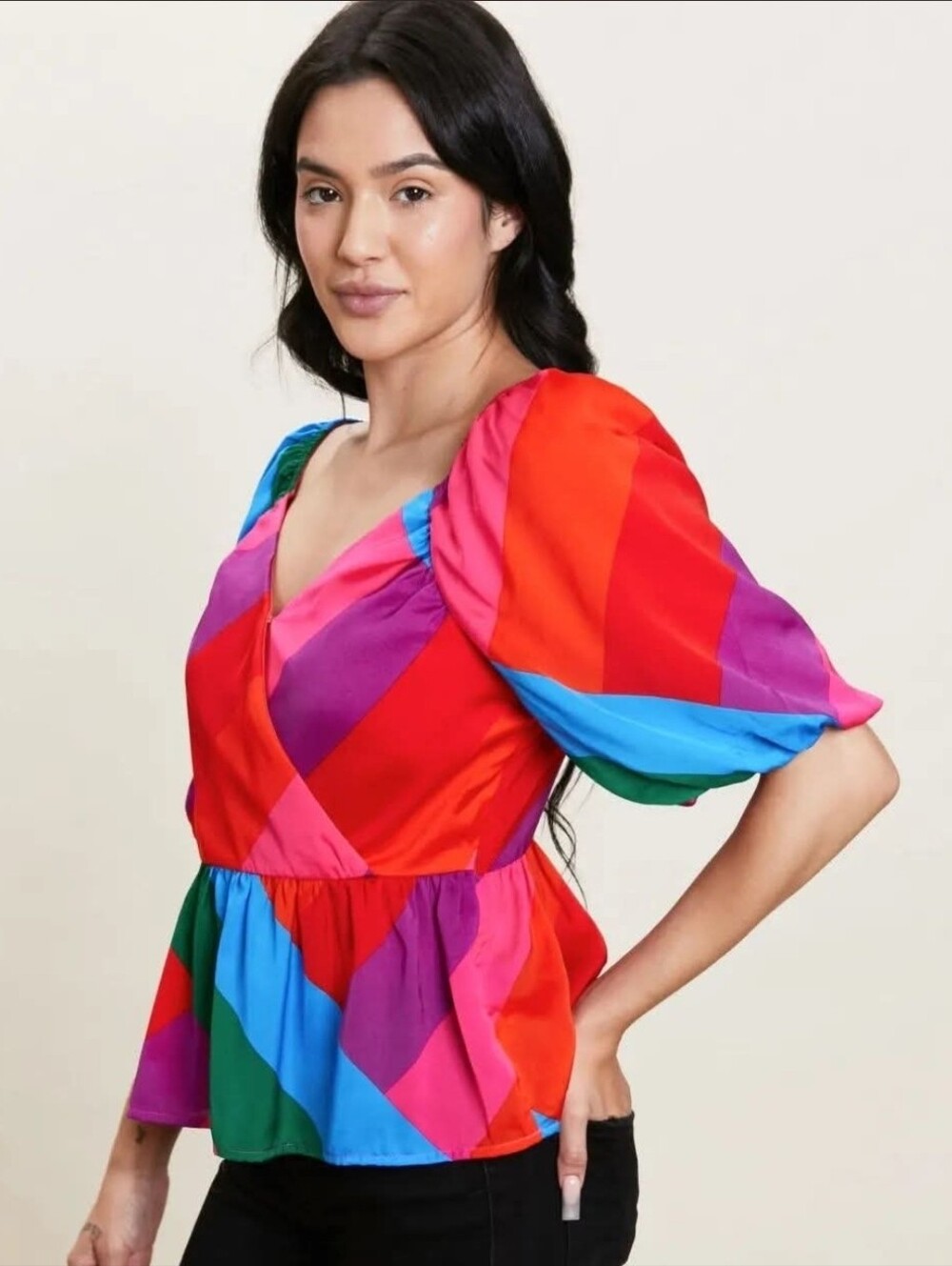 Skies Are Blue Multicolor Geometric Puff Sleeve Peplum Wrap Top Small - Picture 2 of 13